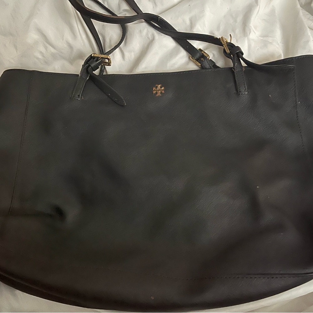 Tory Burch Black Leather Tote with Gold Accents